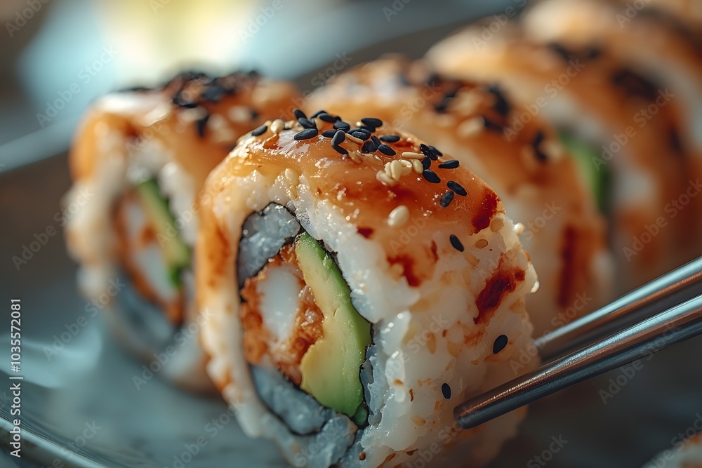 Sushi Roll With Crab, Avocado, And Rice, Topped With Black Sesame Seeds Sushi Roll With Crab, Avocado, And Rice, Topped With Black Sesame Seeds