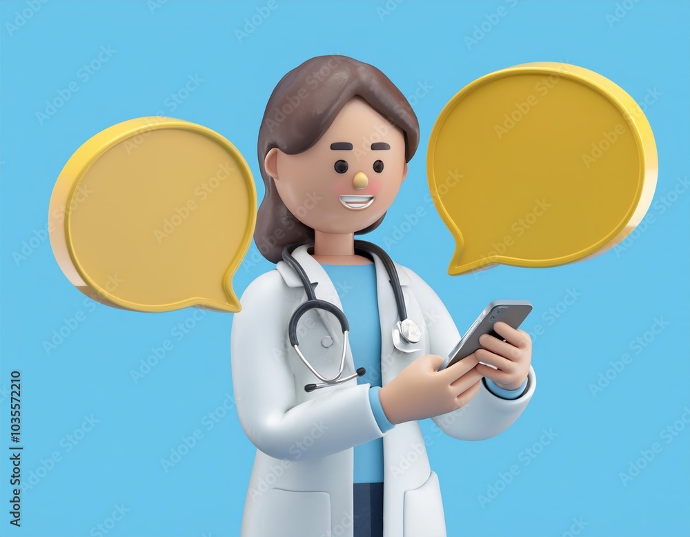 A doctor uses a smartphone to communicate with patients through text messaging, 3D illustration A doctor uses a smartphone to communicate with patients through text messaging, 3D illustration