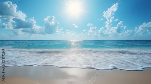 A pristine white sand beach with turquoise ocean water and a bright blue sky with white clouds. The sun is shining brightly.