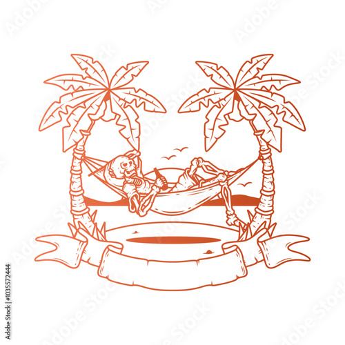 Original vector illustration. Skeleton on the beach in a hammock with the sea in the background.