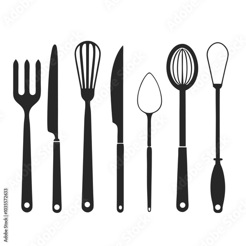 Kitchen Utensils Icon Set with Forks, Spoons, and Knives for Culinary Designs.
