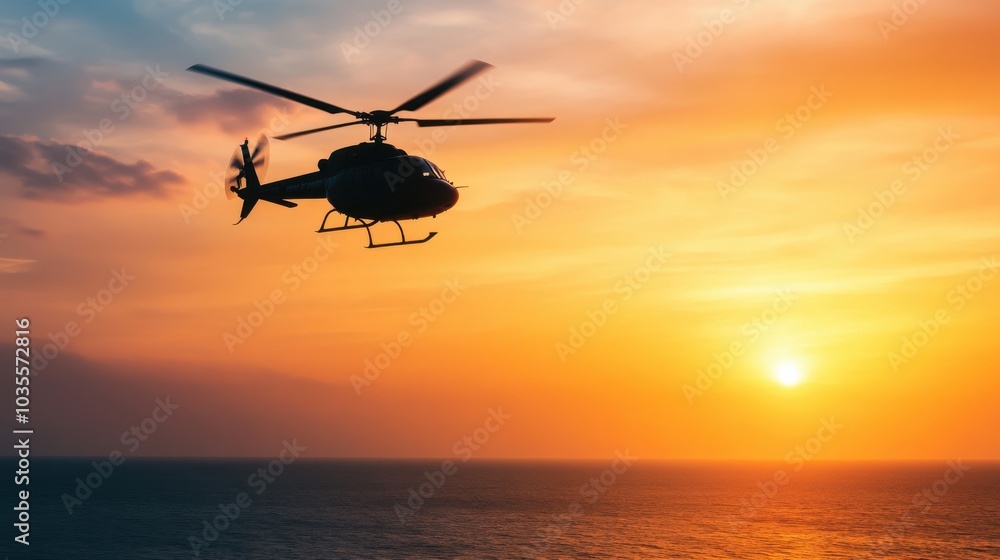 Helicopter flying over an ocean at sunset, silhouetted against the sky Helicopter flying over an ocean at sunset, silhouetted against the sky