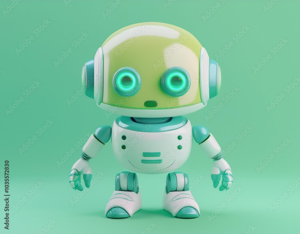 A friendly robot with bright green eyes stands on a green background, 3D illustration A friendly robot with bright green eyes stands on a green background, 3D illustration