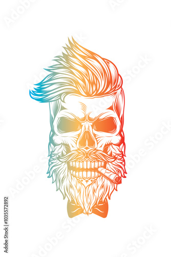 Hipster skull with beard and mustache with cigar in mouth.. Original vector illustration in vintage style. T-shirt design.