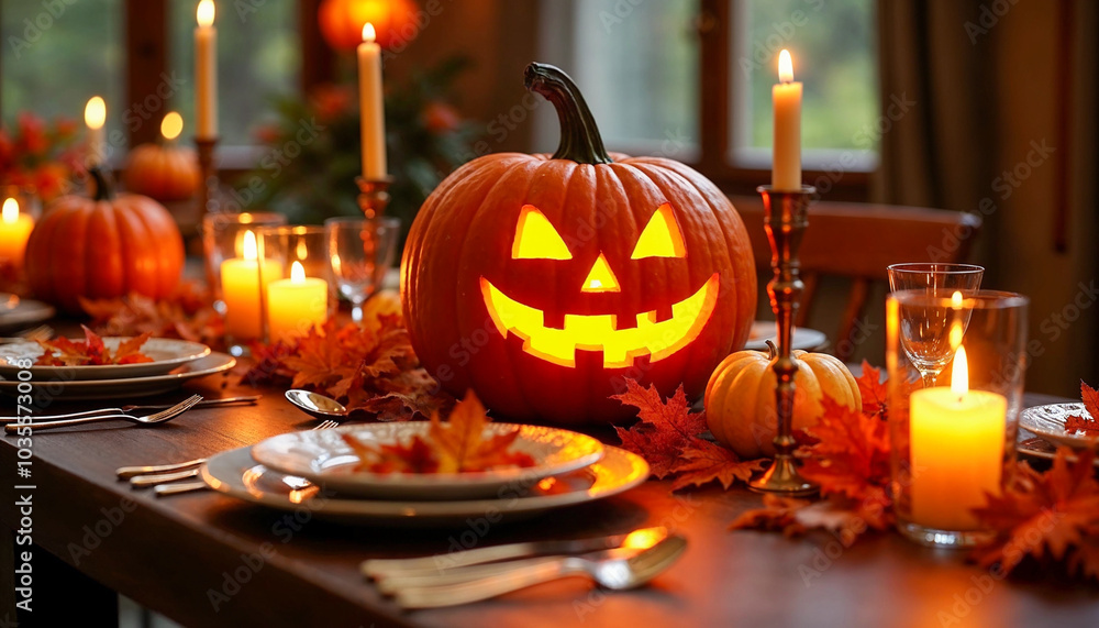 Elegant Halloween Dinner with Jack-o'-Lantern Centerpiece Elegant Halloween Dinner with Jack-o'-Lantern Centerpiece