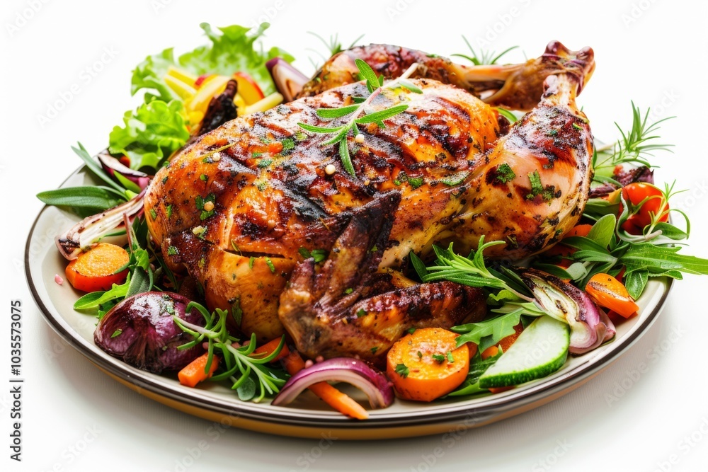 Grilled whole chicken served on a plate with various vegetable toppings isolated on a white background Grilled whole chicken served on a plate with various vegetable toppings isolated on a white background