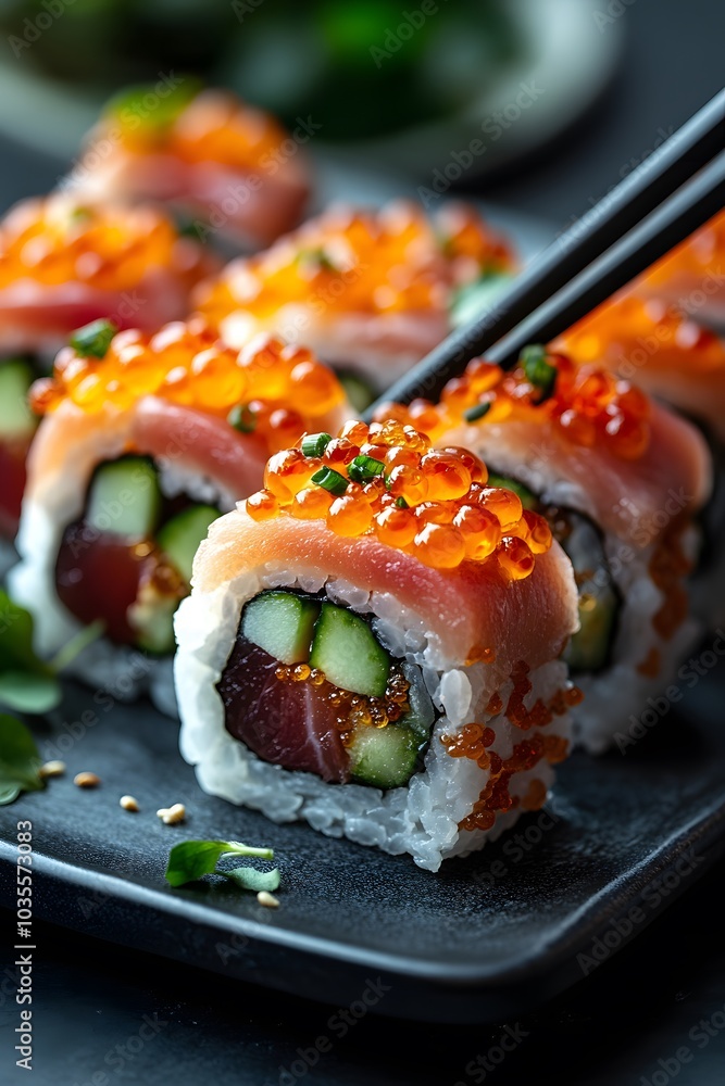 Vibrant Sushi Roll With Bright Orange Roe, Cucumber, And Fresh Tuna Vibrant Sushi Roll With Bright Orange Roe, Cucumber, And Fresh Tuna