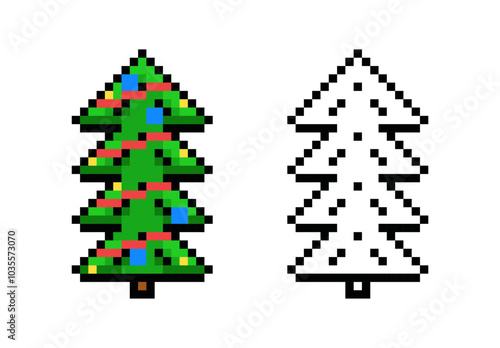 Narrow Christmas Tree in Pixel Art Style. Vector Illustration