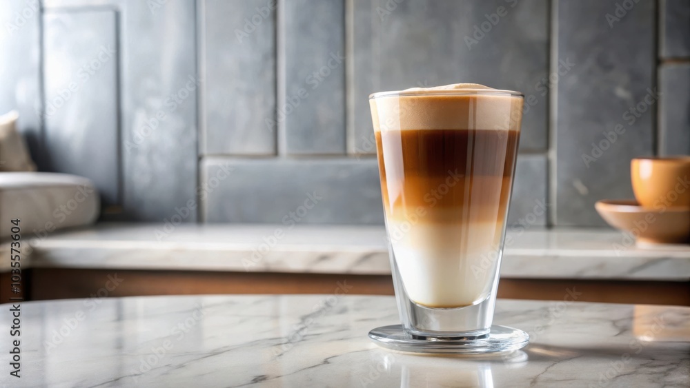 A tall glass of layered coffee with a creamy foam topping, resting on a pristine white marble surface A tall glass of layered coffee with a creamy foam topping, resting on a pristine white marble surface