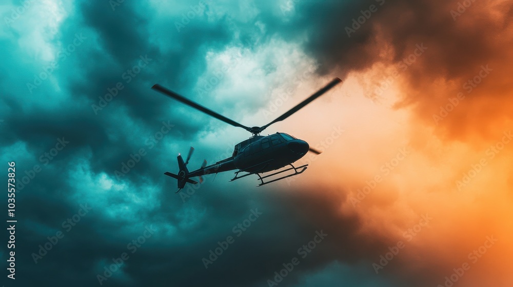Fototapeta premium Helicopter soaring through a stormy sky, dramatic clouds and lightning in the distance