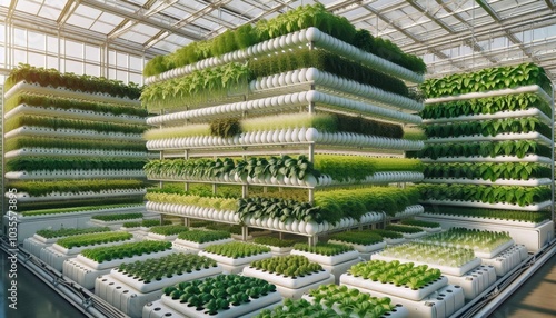 Modern Hydroponic Greenhouse with Vertical Planting System Growing Lush Green Vegetables, Showcasing Sustainable Agriculture and Efficient Food Production in a Controlled Environment