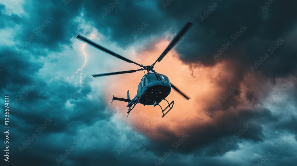 Helicopter soaring through a stormy sky, dramatic clouds and lightning in the distance Helicopter soaring through a stormy sky, dramatic clouds and lightning in the distance