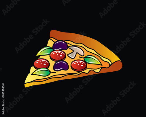Original vector illustration of a slice of pizza with olives, salami, mushrooms and greens in vintage style.