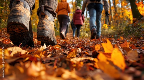 Joyful group on a hike through woodland paths with fallen leaves crunching underfoot scarves and boots adding warmth as they explore nature in the crisp autumn air the forest alive with color