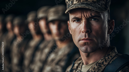 Group of determined soldiers in uniform standing in formation, displaying discipline and teamwork. The lead soldier exudes strength and focus, embodying the essence of military dedication photo