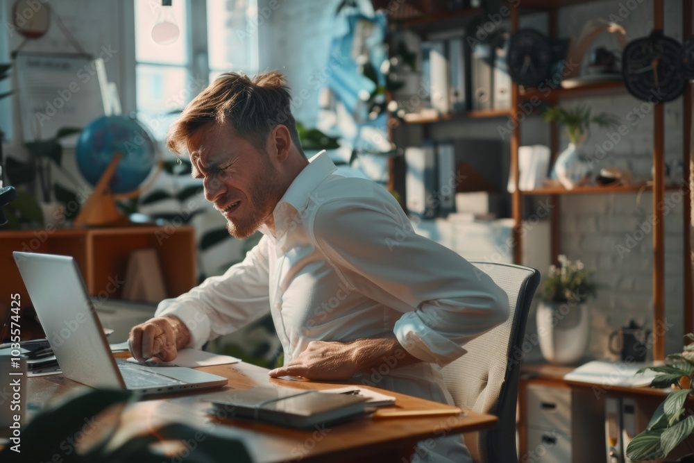 Obraz premium Grimacing from pain, a young male office worker sits at a desk in the office and rubs his lower back, feels severe back cramps, holds his hand, gives a massage