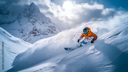 A skilled skier in an orange jacket carves down a snowy mountain slope, surrounded by fresh powder and breathtaking alpine scenery. A vivid representation of adventure and winter sport