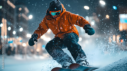 Wallpaper Mural A thrilling image of a snowboarder in an orange jacket, executing a jump in a snowy urban environment at night. Bokeh lights add a vibrant atmosphere to the action scene Torontodigital.ca
