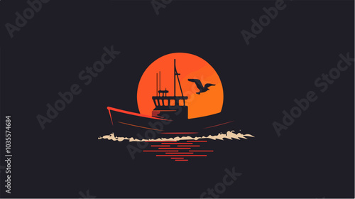Illustration of a fishing boat. Fishing. Fishing vessel.