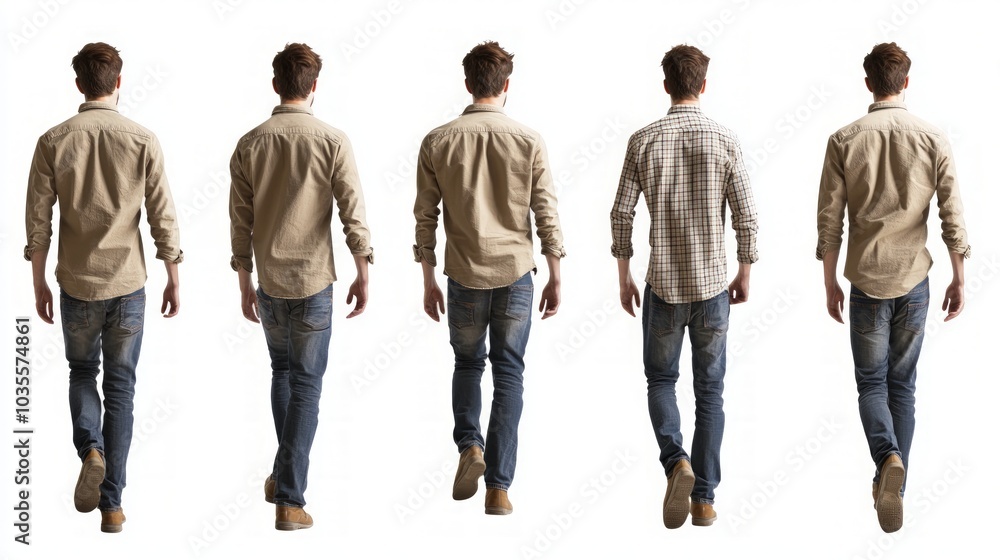 Handsome Man in Casual Fashion Walking Away, Full-View Depiction of a Stylish Individual from the Back, Emphasizing Modern Trends and Confident Attitude Handsome Man in Casual Fashion Walking Away, Full-View Depiction of a Stylish Individual from the Back, Emphasizing Modern Trends and Confident Attitude