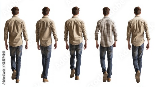 Handsome Man in Casual Fashion Walking Away, Full-View Depiction of a Stylish Individual from the Back, Emphasizing Modern Trends and Confident Attitude