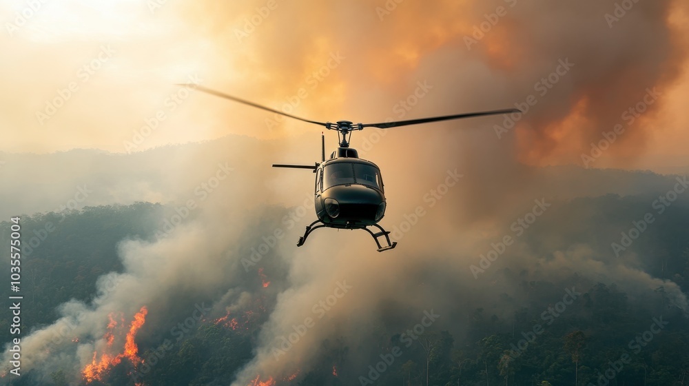 Helicopter flying low over a forest fire, smoke billowing from below Helicopter flying low over a forest fire, smoke billowing from below