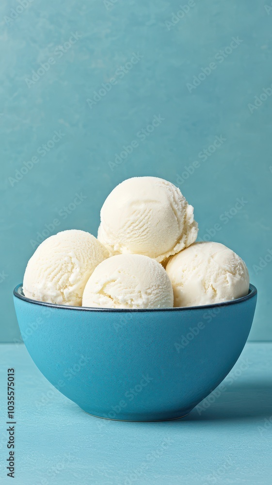 A bowl filled with creamy white ice cream scoops sits against a pastel blue background, creating an appealing and refreshing dessert display. A bowl filled with creamy white ice cream scoops sits against a pastel blue background, creating an appealing and refreshing dessert display.