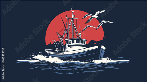 Illustration of a fishing boat. Fishing. Fishing vessel.