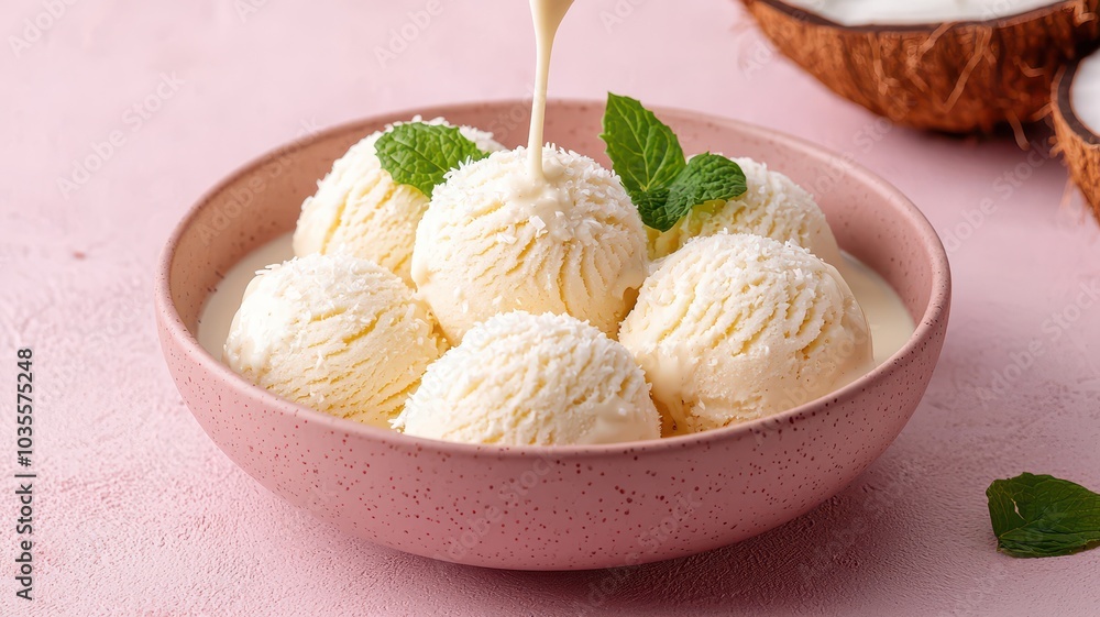 A bowl of creamy ice cream scoops drizzled with syrup, garnished with mint leaves, set against a soft pink background. A bowl of creamy ice cream scoops drizzled with syrup, garnished with mint leaves, set against a soft pink background.