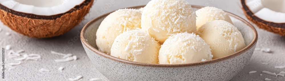 A bowl of delicious coconut balls garnished with shredded coconut, surrounded by coconut halves on a light surface. A bowl of delicious coconut balls garnished with shredded coconut, surrounded by coconut halves on a light surface.