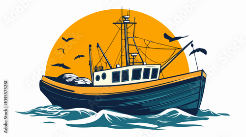 Illustration of a fishing boat. Fishing. Fishing vessel.