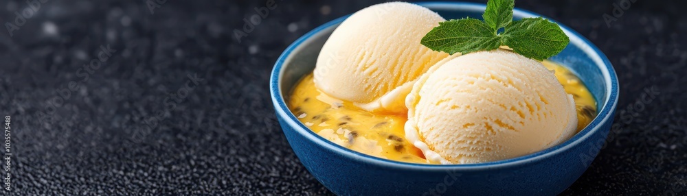 A delicious bowl of creamy vanilla ice cream topped with fresh mint, resting in a colorful sauce. A delicious bowl of creamy vanilla ice cream topped with fresh mint, resting in a colorful sauce.