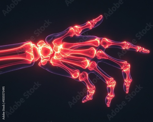 A glowing skeletal hand, showcasing intricate bone structures, isolated on a dark background. photo