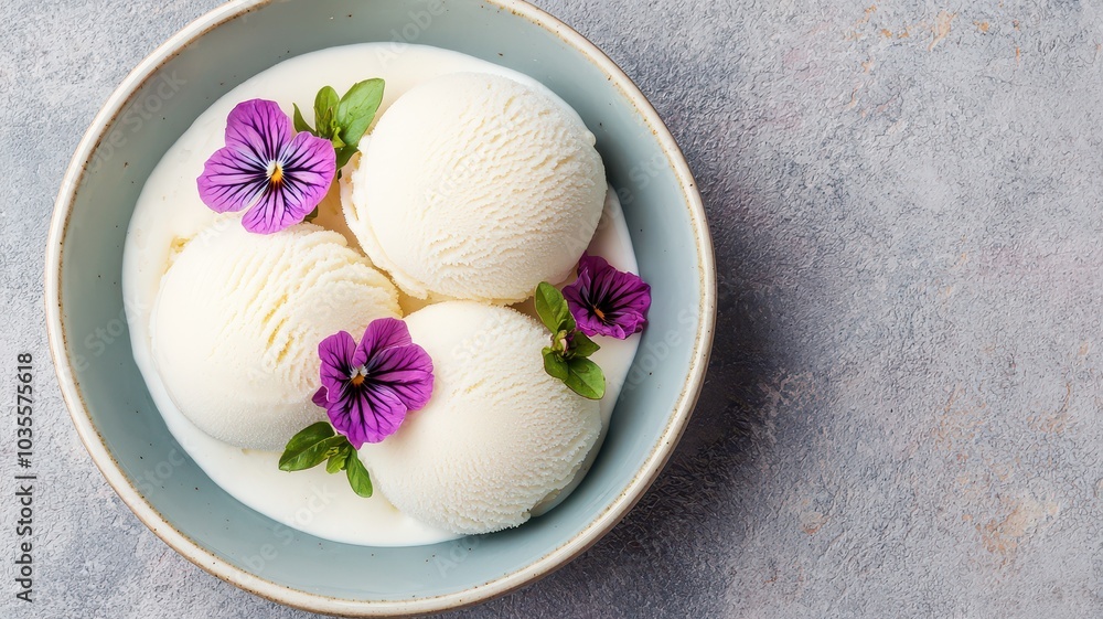 A bowl of creamy ice cream scoops garnished with vibrant purple flowers and fresh green leaves on a textured background. A bowl of creamy ice cream scoops garnished with vibrant purple flowers and fresh green leaves on a textured background.