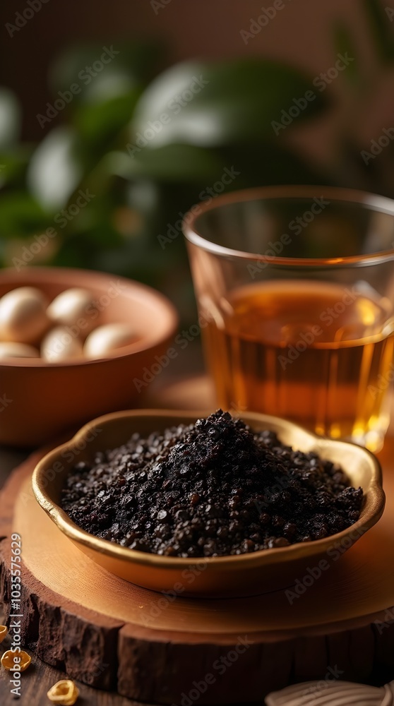 Shilajit powder sprinkled on a marble surface with a small wooden scoop highlighting its earthy texture and health benefits, background Shilajit powder sprinkled on a marble surface with a small wooden scoop highlighting its earthy texture and health benefits, background