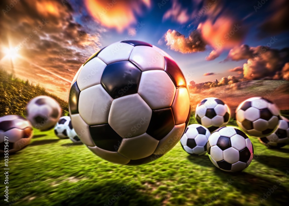 Fototapeta premium 3D Render of Soccer Balls Transition in Tilt-Shift Photography Style for Dynamic Sports Visuals