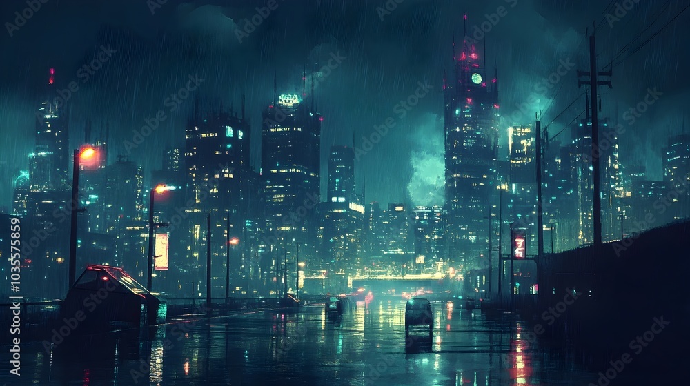 Fototapeta premium Captivating Illuminated Cityscape Featuring Towering Skyscrapers and Reflective Waters