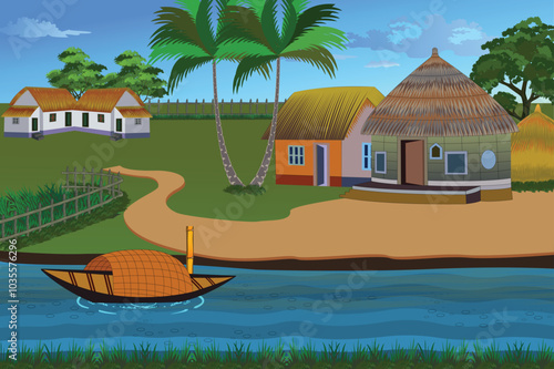 A rural village landscape with a river, mud road, coconut trees, and green grass, features houses, fences, and trees on a beautiful cartoon-style background