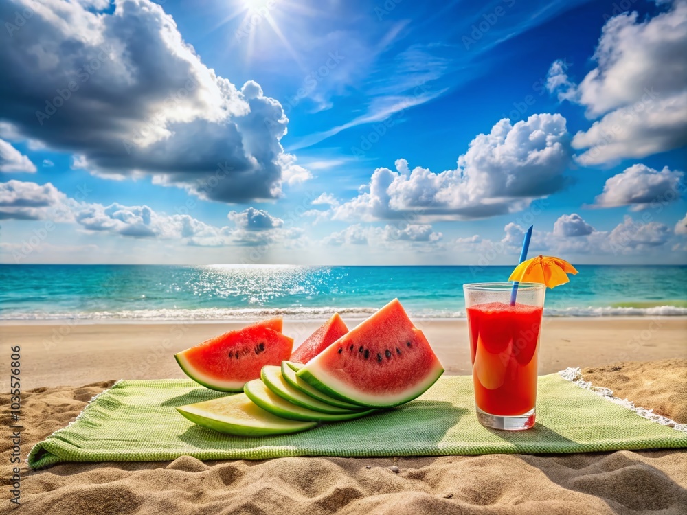 Summer Vibes with Watermelon Juice on Sandy Beach - A Refreshing Scene Under Blue Sky