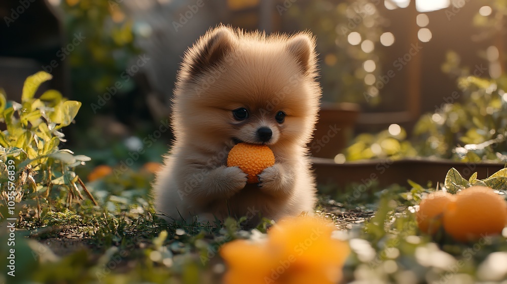Pomeranian Puppy Chewing on a Toy in the Garden Pomeranian Puppy Chewing on a Toy in the Garden