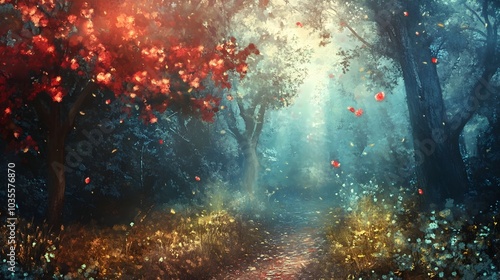 Wallpaper Mural Enchanting Autumn Forest Landscape with Glowing Mystical Trail in Whimsical Digital Painting Torontodigital.ca