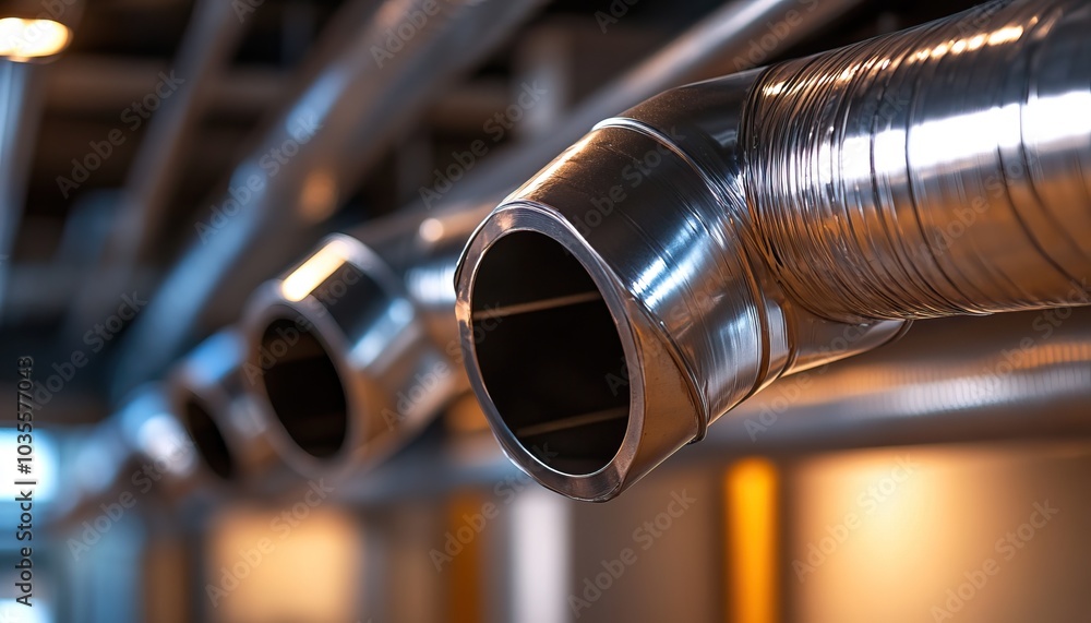Close-up of metallic ductwork in an industrial setting, showcasing smooth curves and shiny surfaces. Close-up of metallic ductwork in an industrial setting, showcasing smooth curves and shiny surfaces.
