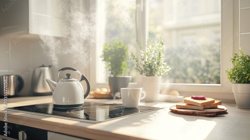 Boiled water kettle, toast, and coffee cup on kitchen counter. Boiled water kettle, toast, and coffee cup on kitchen counter.
