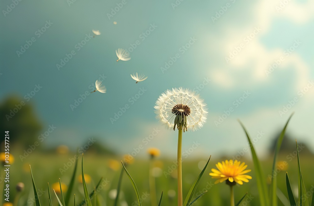 A single dandelion floating away on a cloudy day, with wind blowing gently A single dandelion floating away on a cloudy day, with wind blowing gently