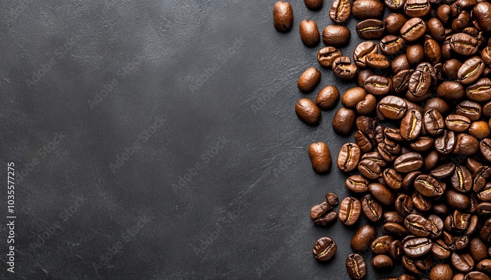 Coffee beans scattered over a dark surface, capturing the rich texture and color of roasted coffee. Coffee beans scattered over a dark surface, capturing the rich texture and color of roasted coffee.