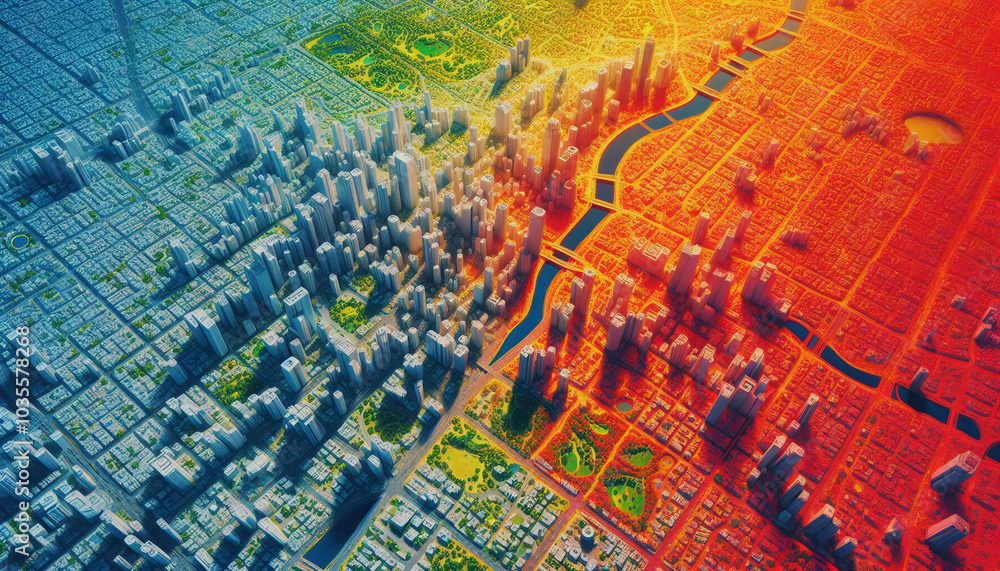 A bird’s-eye view of a densely populated city where certain areas are hotter than others due to concrete, asphalt, and lack of greenery. A bird’s-eye view of a densely populated city where certain areas are hotter than others due to concrete, asphalt, and lack of greenery.