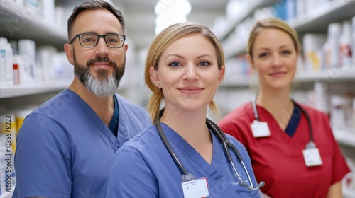 Doctors and nurses discussing treatment plans in front of medicine storage shelves 