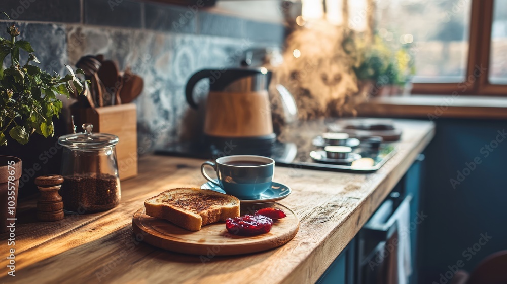 Rustic Kitchen Breakfast with Tea and Toast. Rustic Kitchen Breakfast with Tea and Toast.
