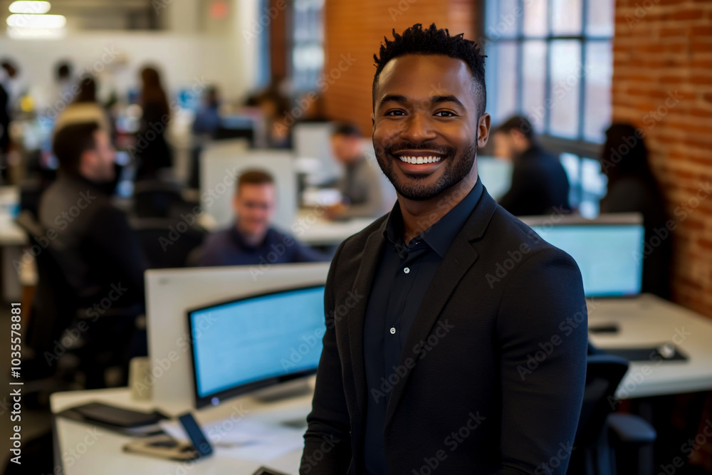 An attractive man in his late thirties, dressed smartly and smiling at the camera with office workers behind him. An attractive man in his late thirties, dressed smartly and smiling at the camera with office workers behind him.