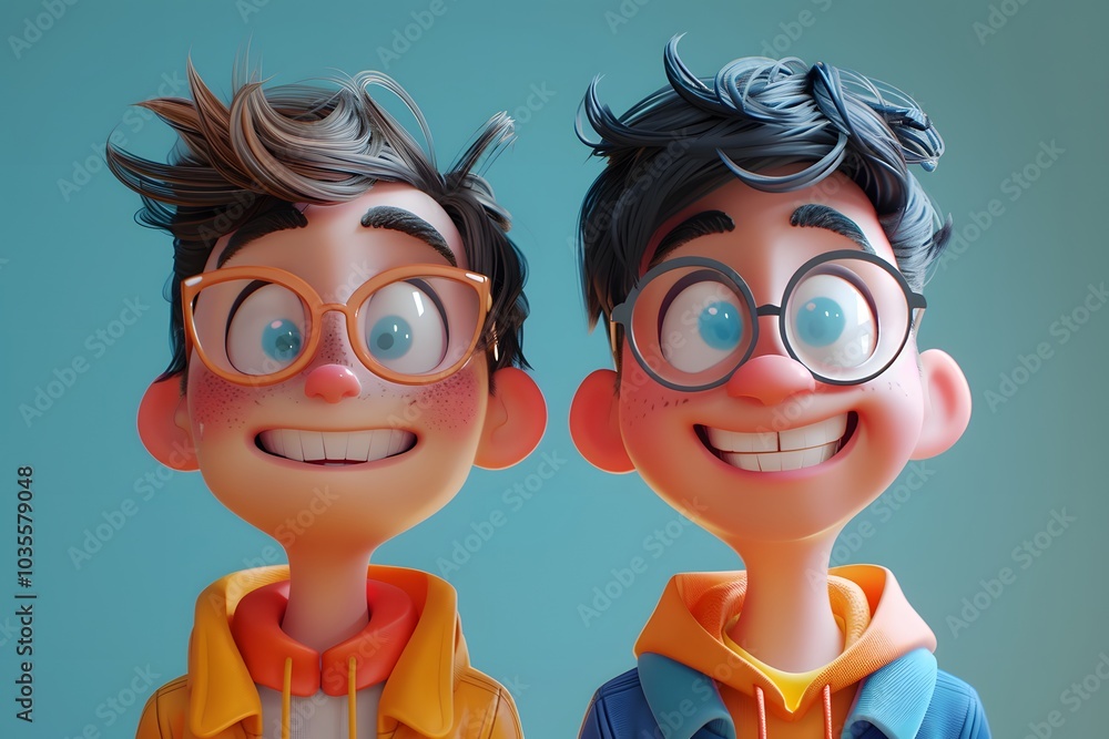 Cheerful Animated Twins with Stylish Hair and Glasses Cheerful Animated Twins with Stylish Hair and Glasses